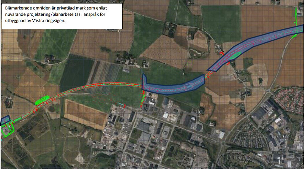 Blåmarkerade områden är privatägd mark som enligt nuvarande projektering/planarbete behöver tas i anspråk för utbyggnad av västra Ringvägen.