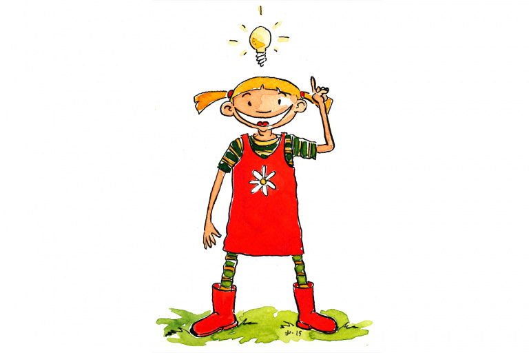 Illustration: Flicka med röda kläder och stövlar med idéglödlampa ovanför huvudet.Matteslinga