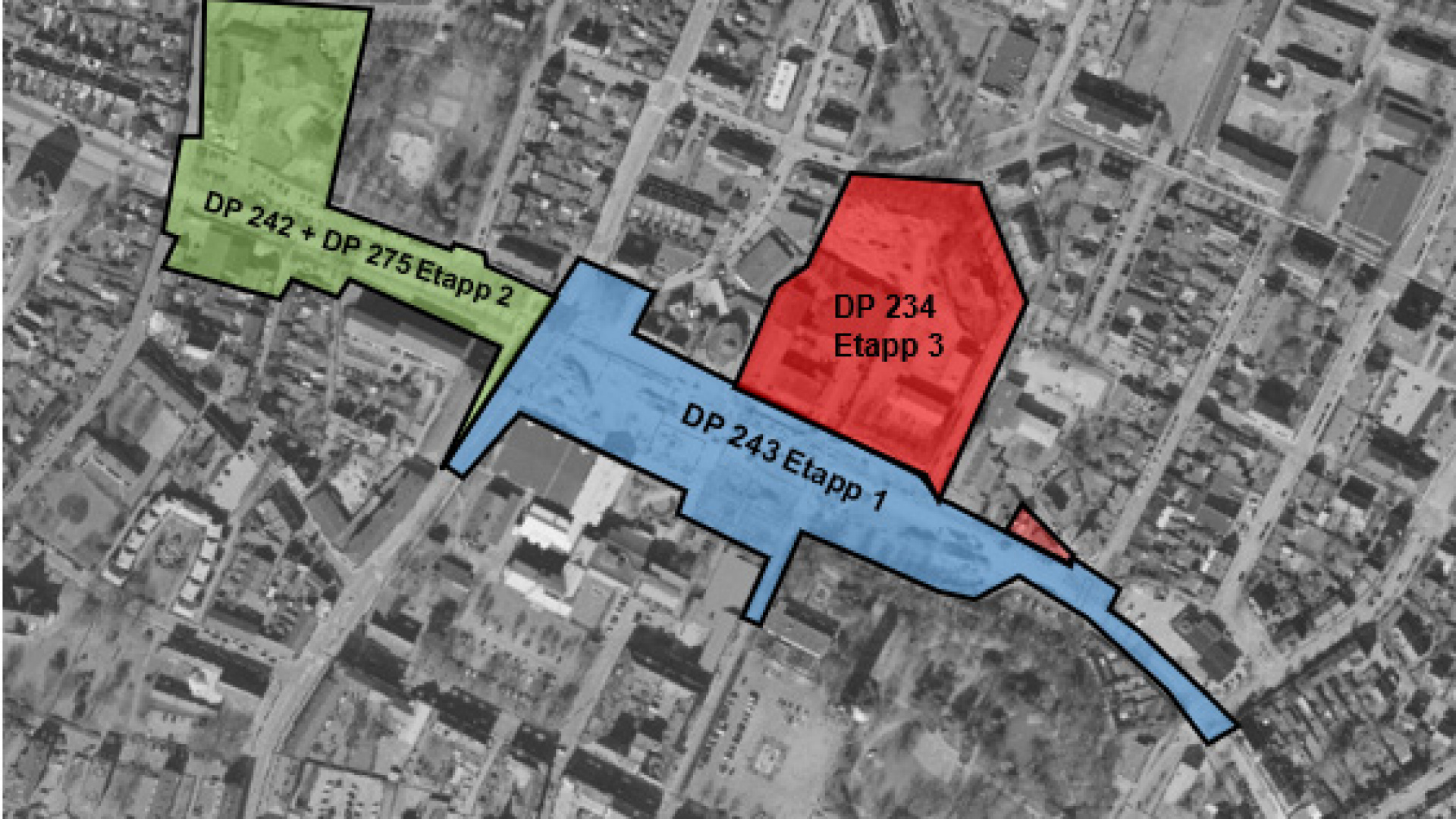 Kartan visar uppdelningen av etapper för färdigställandet av marken inom Övre och Stadsparkskvarteren.