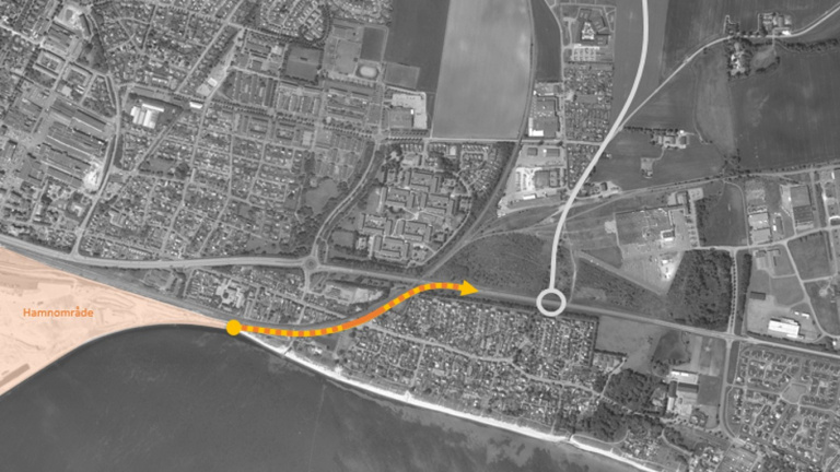 Del av nuvarande sträckning där det planeras för en evakueringsväg i öster i samverkan mellan Trafikverket och Trelleborgs hamn. 