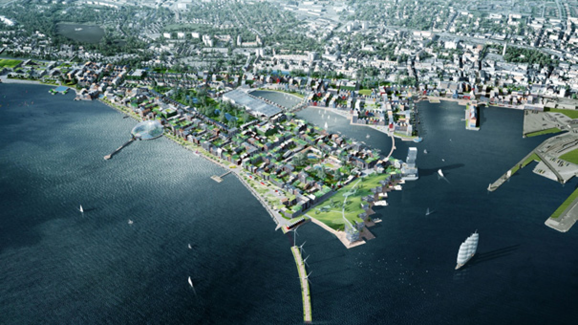 Visionsbild/illustration på en framtida möjlig utveckling av Sjöstaden. Illustration: EG Architects.