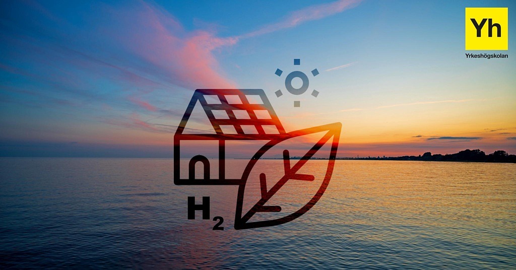 Foto på hav och siluett av Trelleborg i solnedgång och illustrationer av hus, löv, sol och kemisk beteckning för vätgas.