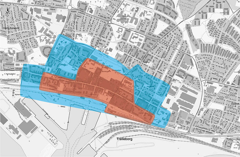 Centrala Trelleborg delas in i en röd och en blå avgiftszon. Parkeringsavgiften kommer att vara något högre i röd zon, medan avgiften blir något lägre i den blå zonen i stadskärnans ytterkant.