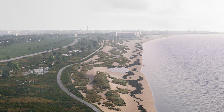 Syftet med åtgärderna är att skydda delar av Trelleborgs tätort mot översvämningar på grund av stigande havsnivåer, motverka erosion och dämpa inkommande vågor vid höga vattenstånd. Samtidigt förbättras förhållandena för friluftslivet i området. Visualisering framtagen av Sweco.