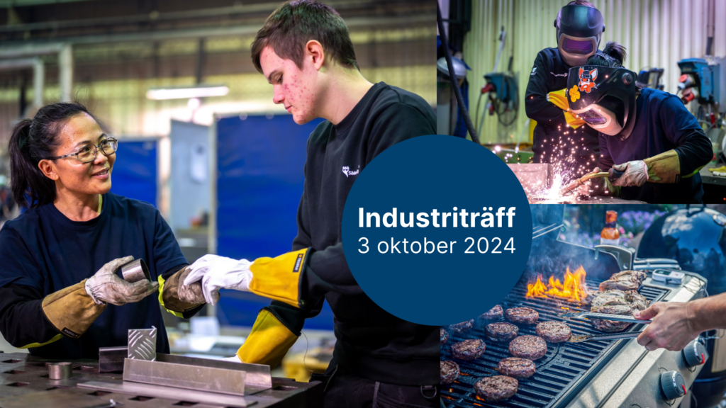 En kvinna och en man i industrimiljö, Två personer som svetsar, hamburgare på grill. Text i bild: Industriträff 3 oktober 2024