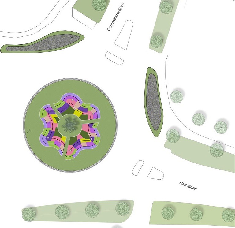 Kartbild som visar planerad växtplantering i rondell i Trelleborg.