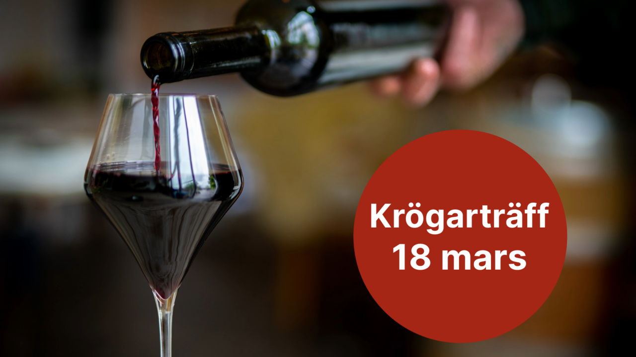 Vinglas med rött vin. Text i bild: Krögarträff 18 mars