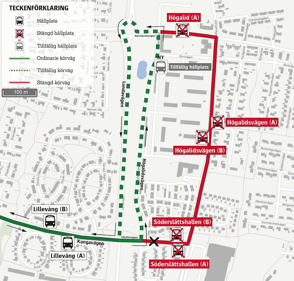 Kartskiss som visar hur sträckningen av busslinje 2 påverkas.