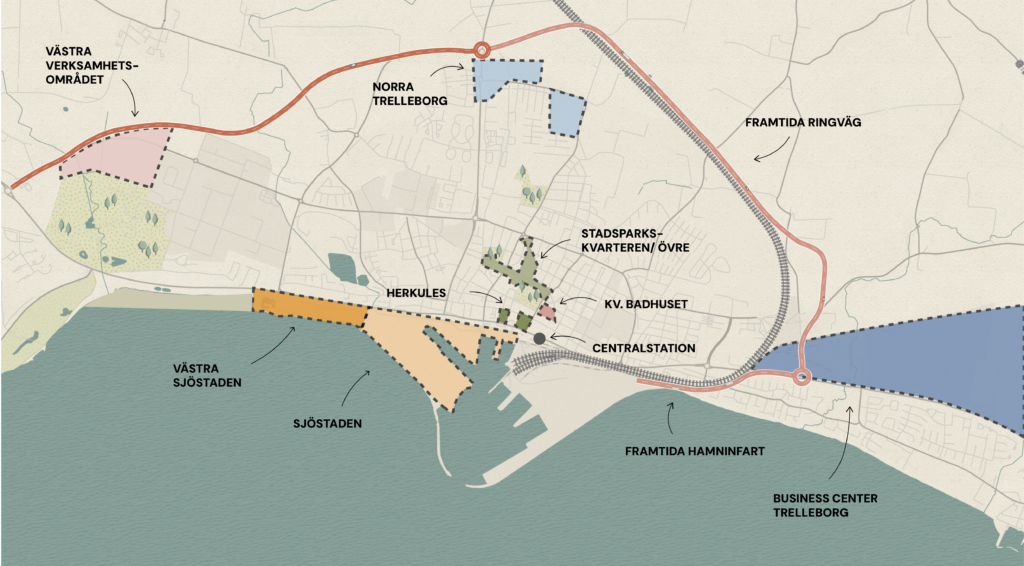 Karta som visar pågående projekt i Trelleborg.
